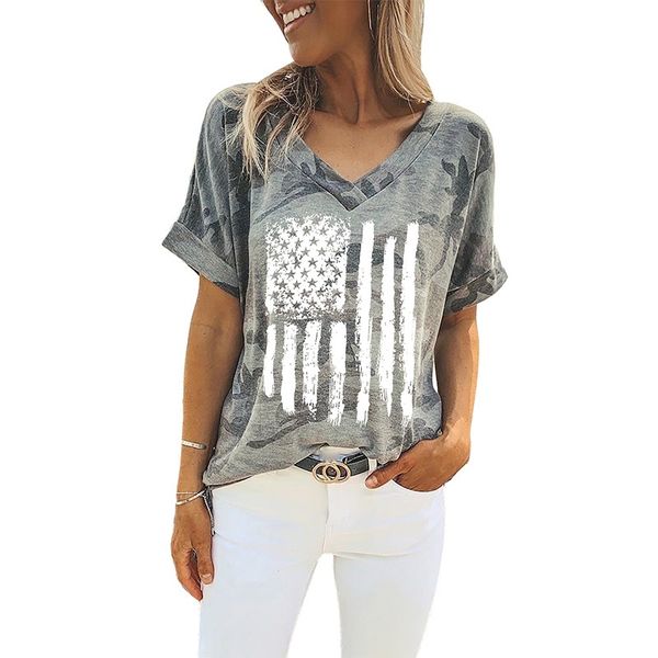 european and american summer women's camouflage v-neck short sleeve t-shirt flag printing, White
european and american summer women's camouflage v-neck short sleeve t-shirt flag printing, White