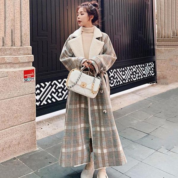 women's wool & blends woolen coat long winter plaid splicing thickened ladies cloak loose lamb quality fashion double breasted jacket, Black
women's wool & blends woolen coat long winter plaid splicing thickened ladies cloak loose lamb quality fashion double breasted jacket, Black