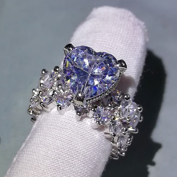 luxury mens wedding rings fashion stones gemstone engagement ring for women full diamond heart ring jewelry 2 peice set, Silver