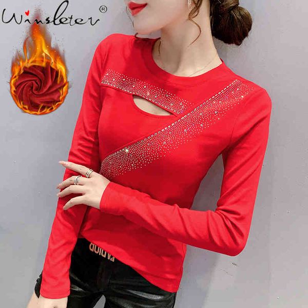 women's t-shirt fall winter korean style fashion o-neck hollow out shiny diamonds ropa mujer cotton with fleece tees t00, White
women's t-shirt fall winter korean style fashion o-neck hollow out shiny diamonds ropa mujer cotton with fleece tees t00, White