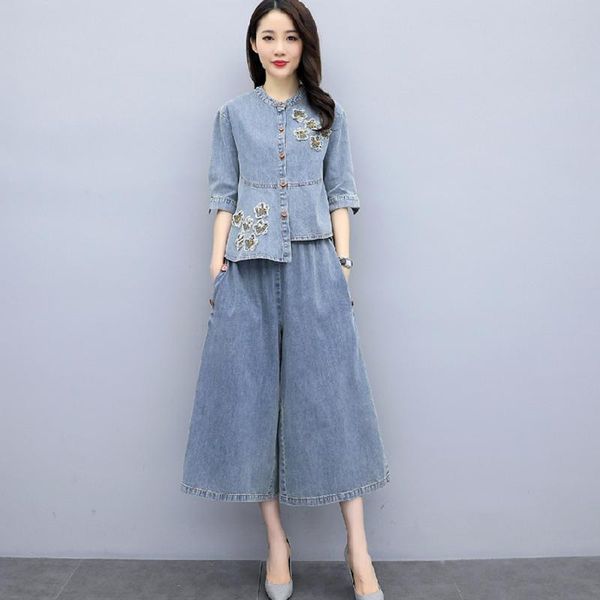 two piece dress fashion women's tracksuit cowboy wide leg pants suit woman 2 set women spring pattern loose style embroidered, White
two piece dress fashion women's tracksuit cowboy wide leg pants suit woman 2 set women spring pattern loose style embroidered, White