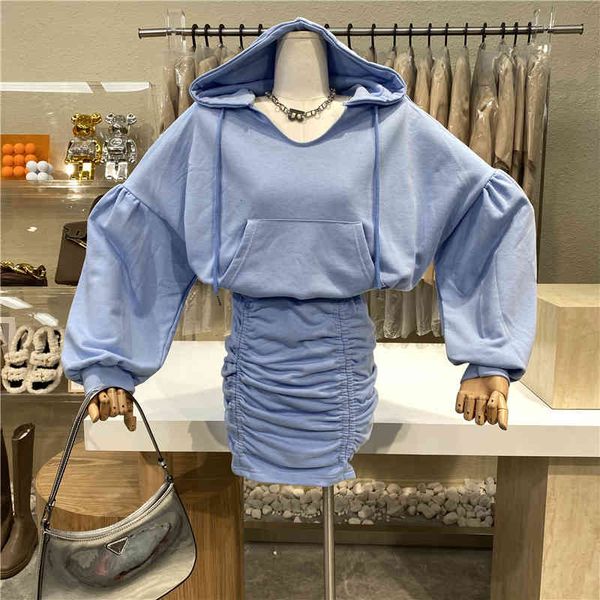 niche design with loose hood + high waist thin bending skirt of two suit parts hip, Black
niche design with loose hood + high waist thin bending skirt of two suit parts hip, Black