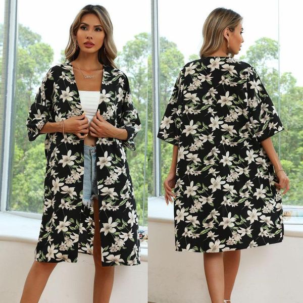 women's vests 2021 summer style short-sleeved printed chiffon sunscreen clothing european and american long shawl jacket women, Black;white
women's vests 2021 summer style short-sleeved printed chiffon sunscreen clothing european and american long shawl jacket women, Black;white
