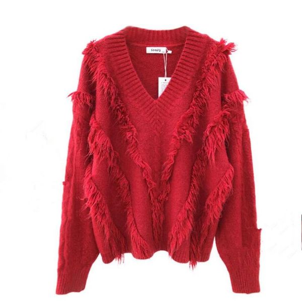 women's sweaters 2021 autumn v neck pullover and tassel pull jumpers red blue korean harajuku knitwear sueter mujer roupas p1443, White;black
women's sweaters 2021 autumn v neck pullover and tassel pull jumpers red blue korean harajuku knitwear sueter mujer roupas p1443, White;black