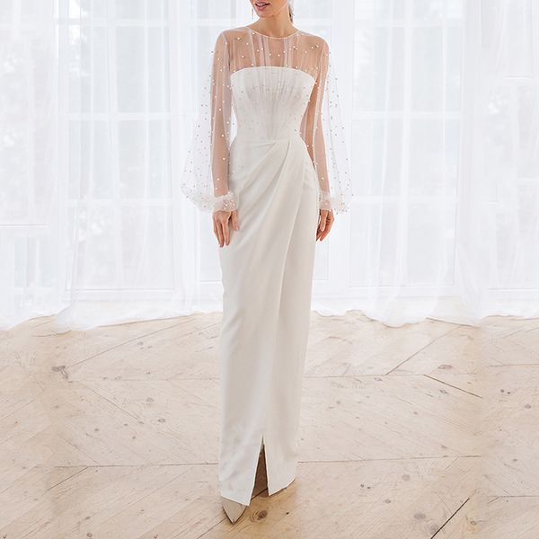 bridesmaid dresses party 2021 spring lace stitching with split front hem bandage, White;black
bridesmaid dresses party 2021 spring lace stitching with split front hem bandage, White;black