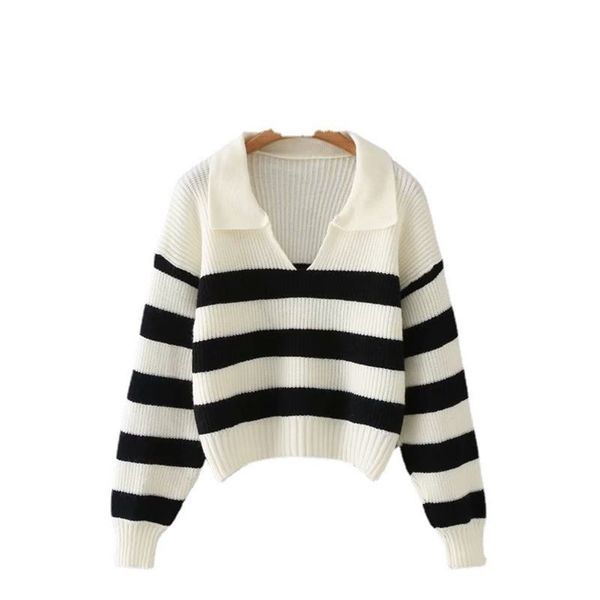 traf women fashion striped polo collar loose knit sweater retro long sleeve pullover streetwear 211123, White;black
traf women fashion striped polo collar loose knit sweater retro long sleeve pullover streetwear 211123, White;black