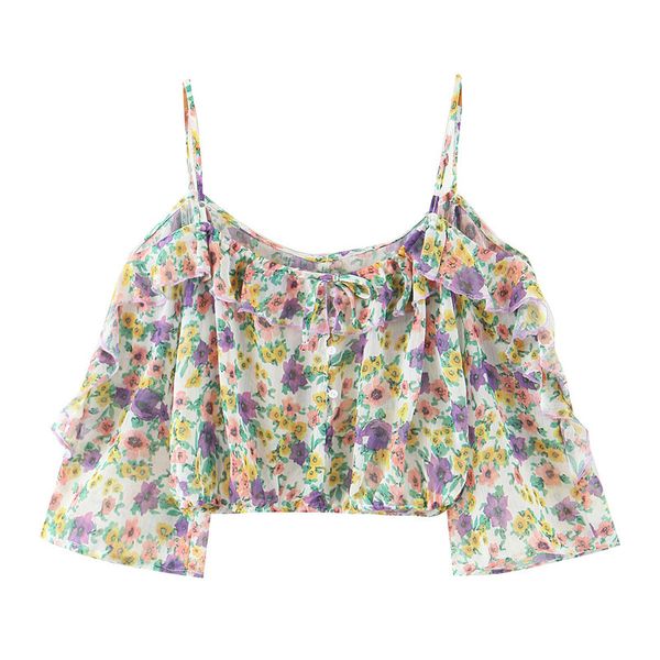 women sweet floral print ruffled crop blouses fashion v neck spaghetti strap female shirts chic chiffon 210430, White
women sweet floral print ruffled crop blouses fashion v neck spaghetti strap female shirts chic chiffon 210430, White