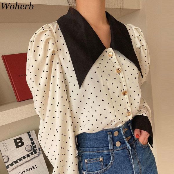 woherb 2021 spring turn-down collar patchwork women blouse polka dot korean fashion elegant shirts vintage puff sleeve chic women's bl, White
woherb 2021 spring turn-down collar patchwork women blouse polka dot korean fashion elegant shirts vintage puff sleeve chic women's bl, White