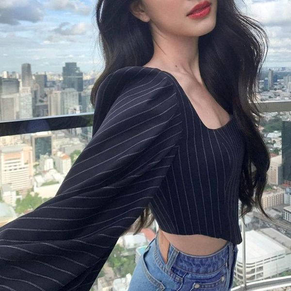 women's t-shirt faddish women office lady short slim navel exposed shirt square collar lantern sleeve for spring summer, White
women's t-shirt faddish women office lady short slim navel exposed shirt square collar lantern sleeve for spring summer, White