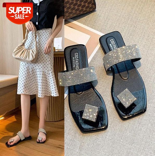 outer wear flat flip flops seaside beach rhinestone plus size sandals and slippers women #ui5r, Black