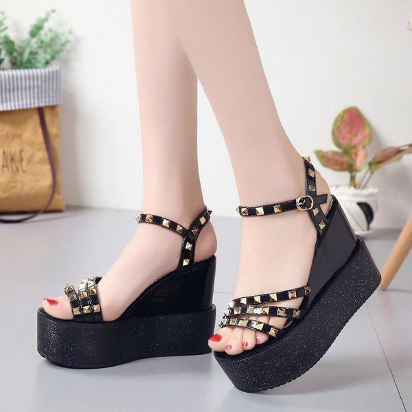 dress shoes one word buckle rivet open toe wedges 12 cm thick bottom comfortable ladies sandals summer fish mouth shoes., Black
dress shoes one word buckle rivet open toe wedges 12 cm thick bottom comfortable ladies sandals summer fish mouth shoes., Black