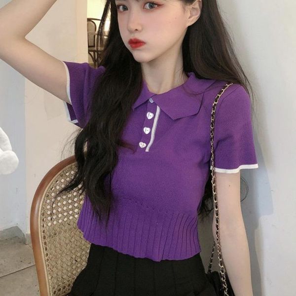 women's t-shirt ljsxls short sleeve women turn-down collar knitted t-shirts purple sweet summer casual chic clothes, White
women's t-shirt ljsxls short sleeve women turn-down collar knitted t-shirts purple sweet summer casual chic clothes, White
