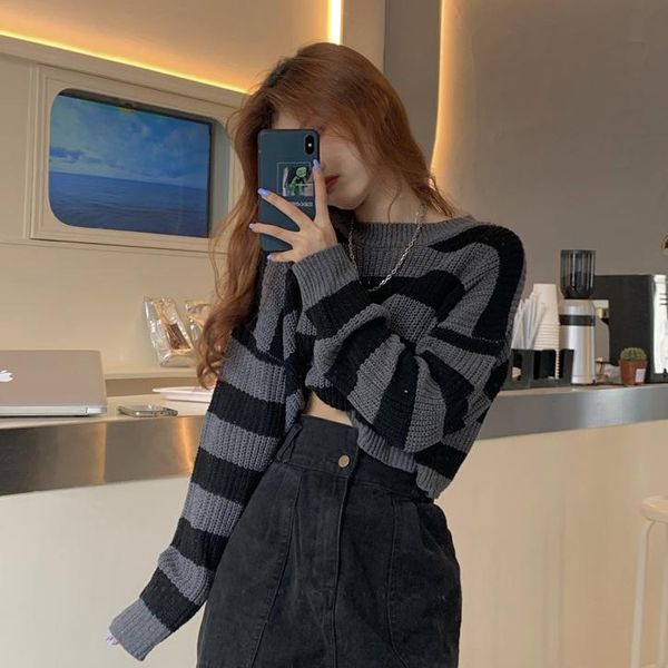 hong kong style vintage stripe short bm sweater women's korean-style autumn versatile long sleeve sweaters, White;black
hong kong style vintage stripe short bm sweater women's korean-style autumn versatile long sleeve sweaters, White;black