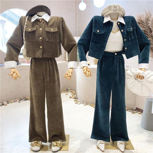 women's two piece pants autumn winter vintage corduroy short coat + high waist and wide leg casual two-piece set, White
women's two piece pants autumn winter vintage corduroy short coat + high waist and wide leg casual two-piece set, White