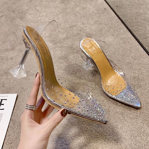 slippers fashion sweet pointed transparent rhinestone baotou ladies high heels temperament summer trend fish mouth slippers., Black
slippers fashion sweet pointed transparent rhinestone baotou ladies high heels temperament summer trend fish mouth slippers., Black