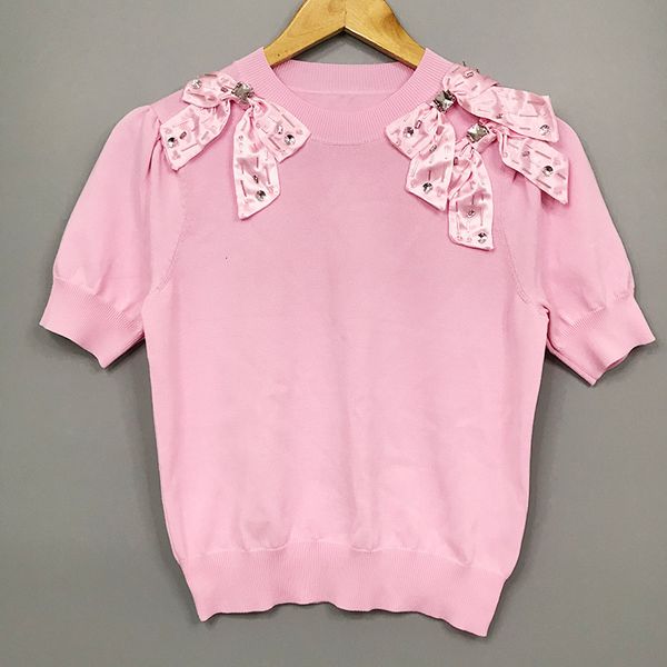 shirt high edition spring and summer new mujia sweater french sweet pink short sleeve heavy industry bow bubble sleeve top, White
shirt high edition spring and summer new mujia sweater french sweet pink short sleeve heavy industry bow bubble sleeve top, White