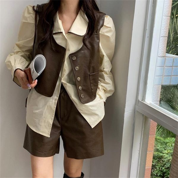 women's tracksuits retro femme three pieces sets full sleeve autumn chic shirt vintage solid all match vest elastic-waist pu shorts, Gray
women's tracksuits retro femme three pieces sets full sleeve autumn chic shirt vintage solid all match vest elastic-waist pu shorts, Gray