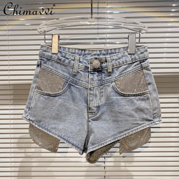 women's shorts chic style rhinestone pocket shiny distressed blue denim for women high waist short pants summer clothing, White;black
women's shorts chic style rhinestone pocket shiny distressed blue denim for women high waist short pants summer clothing, White;black