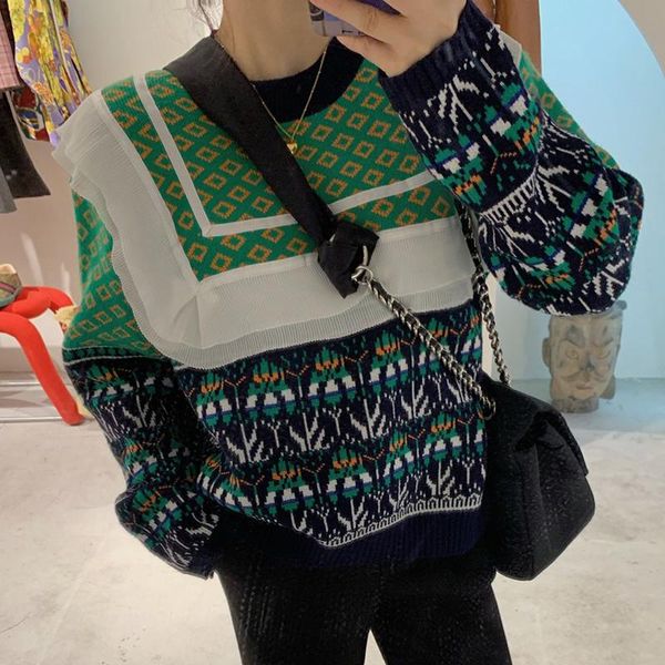 women's sweaters vintage jacquard knitted sweater women ruffles loose autumn winter argyle jumpers oversized pullovers green blue thick, White;black
women's sweaters vintage jacquard knitted sweater women ruffles loose autumn winter argyle jumpers oversized pullovers green blue thick, White;black