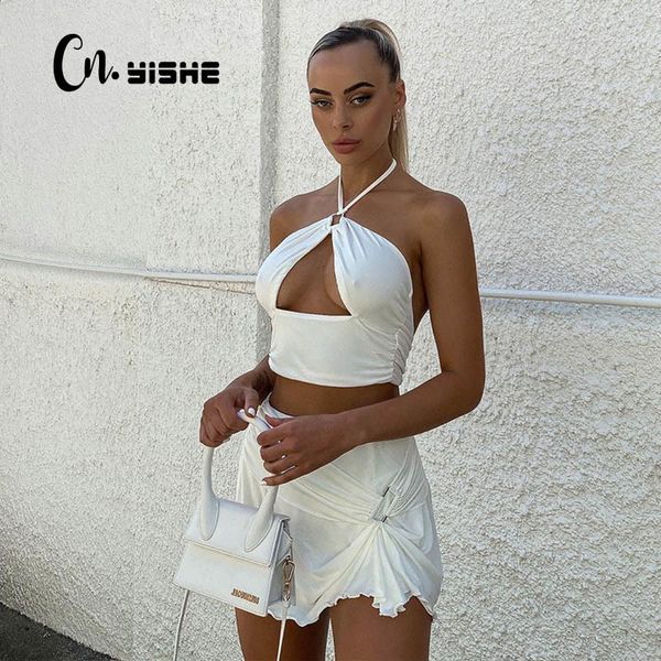cnyishe fashion cut-out black halter crop and mini skirts matching sets women two pieces sets suits rave festival tracksuit 210419, White 
cnyishe fashion cut-out black halter crop and mini skirts matching sets women two pieces sets suits rave festival tracksuit 210419, White