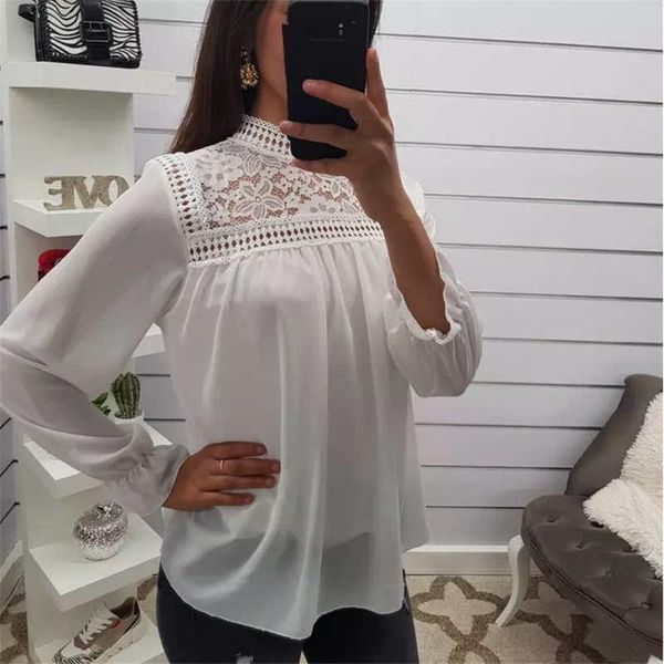 women lace hollow black blouses mesh splice shirts office lady lantern sleeve o-neck 2021 female women's &, White
women lace hollow black blouses mesh splice shirts office lady lantern sleeve o-neck 2021 female women's &, White