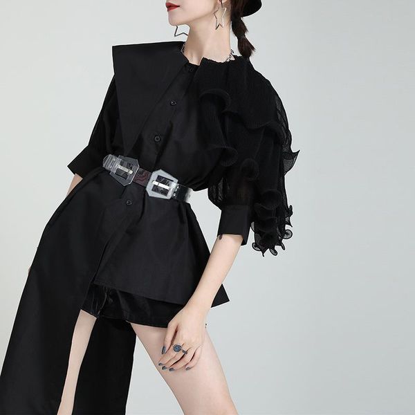 women's jackets 2021 summer design minority irregular stitching pleated bubble sleeve shirt lotus waist asymmetric top, Black;brown
women's jackets 2021 summer design minority irregular stitching pleated bubble sleeve shirt lotus waist asymmetric top, Black;brown