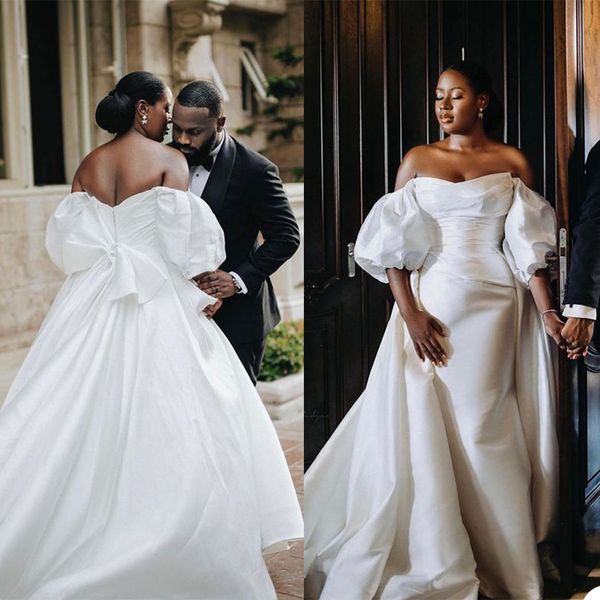 simple satin mermaid wedding dress with detachable train short sleeve off shoulder bridal gowns robes de mariée pastels ruched bride dresses, White
simple satin mermaid wedding dress with detachable train short sleeve off shoulder bridal gowns robes de mariée pastels ruched bride dresses, White