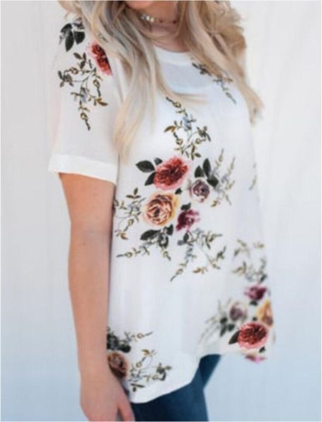 women's t-shirt summer women floral short sleeve soft chiffon loose casual o-neck printing, White
women's t-shirt summer women floral short sleeve soft chiffon loose casual o-neck printing, White