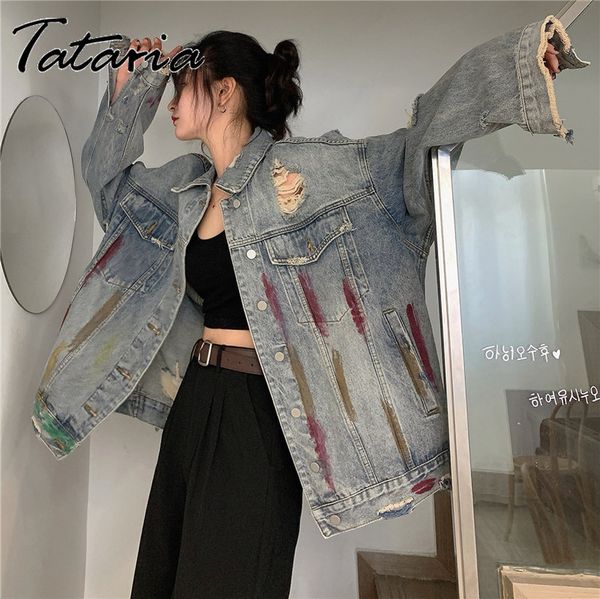 women denim jacket patchwork graffit coats casual loose jean for ladies vintage ripped holes outwear jeans female 210514, Black;brown
women denim jacket patchwork graffit coats casual loose jean for ladies vintage ripped holes outwear jeans female 210514, Black;brown