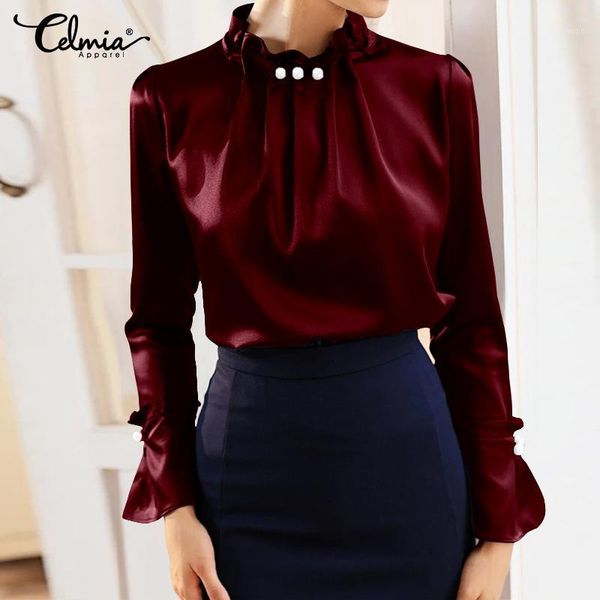 women's blouses & shirts celmia women satin elegant long sleeve silk shirt pearl stand collar female office solid casual blusas plus s, White
women's blouses & shirts celmia women satin elegant long sleeve silk shirt pearl stand collar female office solid casual blusas plus s, White
