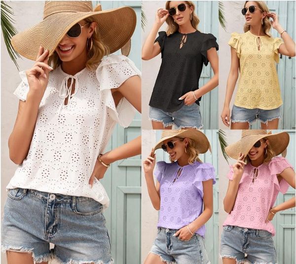women's blouses & shirts blouse hollow out ruffle short sleeve lace up black summer casual loose clothing 2021, White
women's blouses & shirts blouse hollow out ruffle short sleeve lace up black summer casual loose clothing 2021, White
