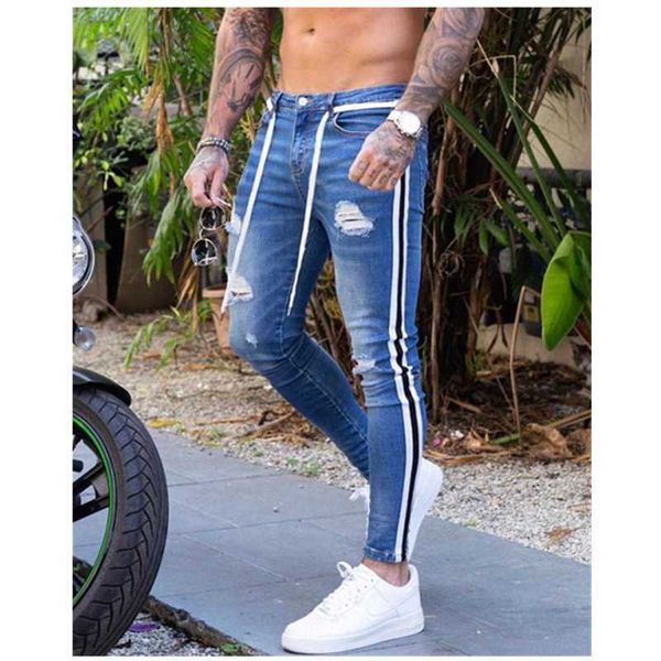 men's tight jeans, pencil cut, elastic, hip-hop style, with holes, printing, white stripes, Blue
men's tight jeans, pencil cut, elastic, hip-hop style, with holes, printing, white stripes, Blue