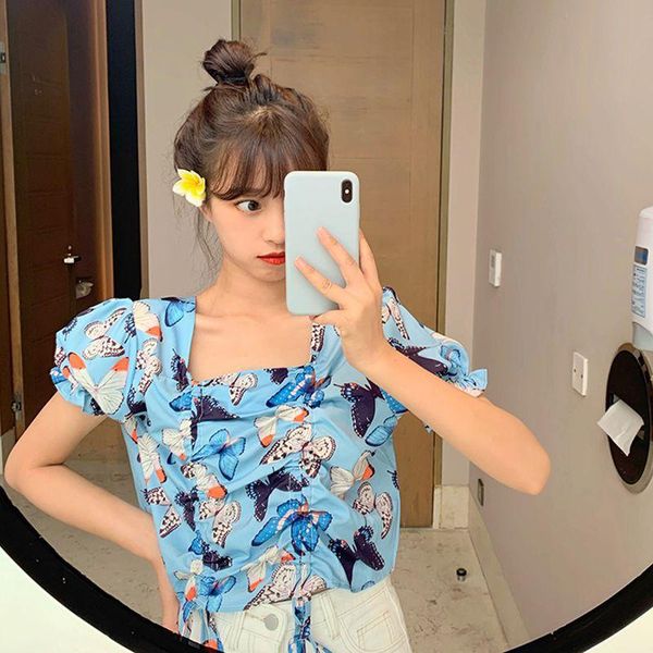 women's blouses & shirts women summer butterfly print chiffon short sleeve drawstring female casual korean style, White
women's blouses & shirts women summer butterfly print chiffon short sleeve drawstring female casual korean style, White