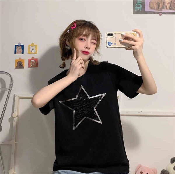 cotton black white 3 sizes fashion loose all match basic star embroidered sequined short sleeve summer women t-shirt 210522
cotton black white 3 sizes fashion loose all match basic star embroidered sequined short sleeve summer women t-shirt 210522