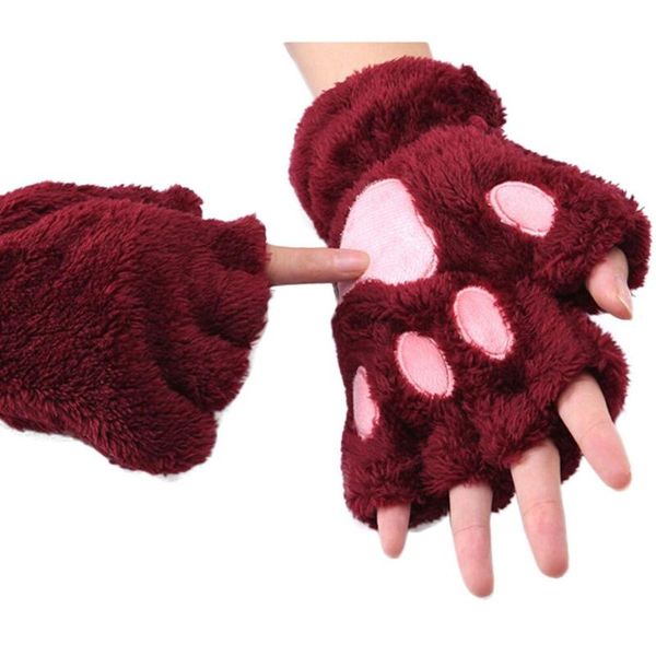 five fingers gloves women cute cat claw plush mittens warm soft short fingerless fluffy bear costume half finger party gift, Blue;gray