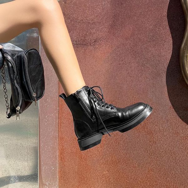 boots genuine cow leather thick-soled short british style lace-up round toe flat ankle, Black
boots genuine cow leather thick-soled short british style lace-up round toe flat ankle, Black