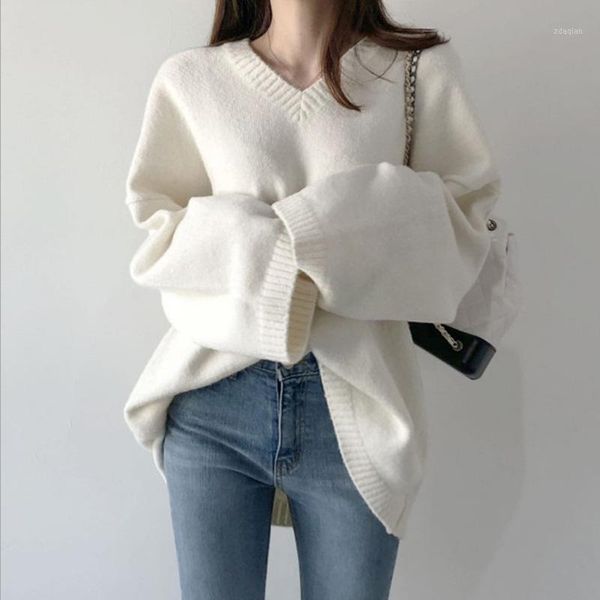 v-neck pullover loose solid color sweater women 2021 autumn and winter chic medium long sueter mujer wn* women's sweaters, White;black
v-neck pullover loose solid color sweater women 2021 autumn and winter chic medium long sueter mujer wn* women's sweaters, White;black
