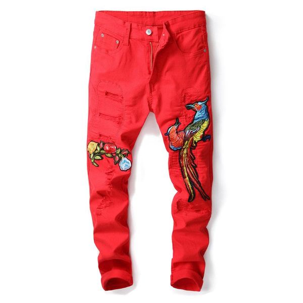 men's jeans hip men hop bird embroidery red slim fit pants fashion streetwear mens cotton ripped patch hole elastic denim trousers, Blue
men's jeans hip men hop bird embroidery red slim fit pants fashion streetwear mens cotton ripped patch hole elastic denim trousers, Blue