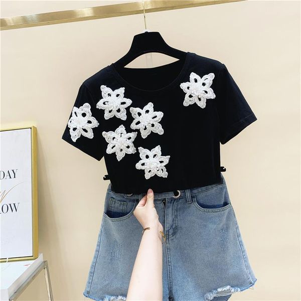 women's t-shirt heavy industry beads three-dimensional flower stitching loose short-sleeved summer design sense, White
women's t-shirt heavy industry beads three-dimensional flower stitching loose short-sleeved summer design sense, White
