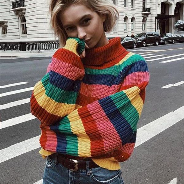 women's sweaters rainbow stripe knitted pullover turtleneck for women coat long sleeve loose casual girls streetwear fashion autumn, White;black
women's sweaters rainbow stripe knitted pullover turtleneck for women coat long sleeve loose casual girls streetwear fashion autumn, White;black