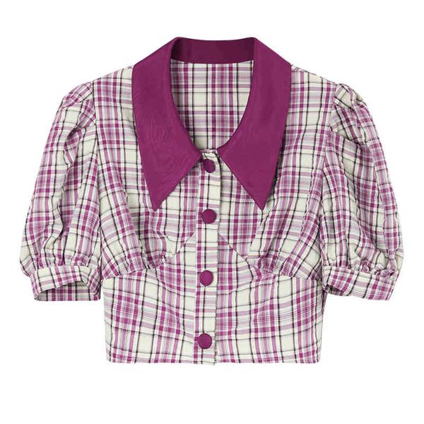 women plaid shirt turn down collar single-breasted short cropped sleeve fuchsia yellow red 210514, White
women plaid shirt turn down collar single-breasted short cropped sleeve fuchsia yellow red 210514, White