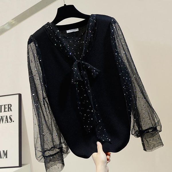 women's sweaters sequin lace-up bow gauze joint sweater women fashion elegant slit jumper femme spring knitted shirt lady's, White;black
women's sweaters sequin lace-up bow gauze joint sweater women fashion elegant slit jumper femme spring knitted shirt lady's, White;black