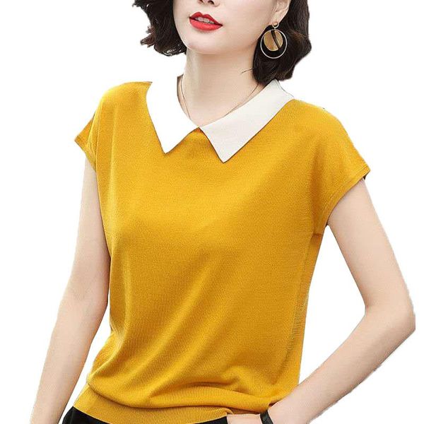 women's t-shirt summer fashion lapel short-sleeved casual loose wild knitted pullovers female knitwear thin jumper full b55, White
women's t-shirt summer fashion lapel short-sleeved casual loose wild knitted pullovers female knitwear thin jumper full b55, White