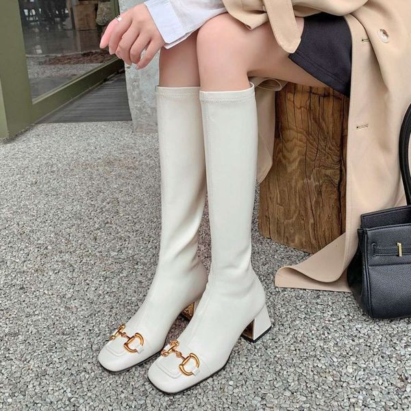 horse buckle elastic boots women's leather thin white high thick heel square head tube autumn, Black
horse buckle elastic boots women's leather thin white high thick heel square head tube autumn, Black
