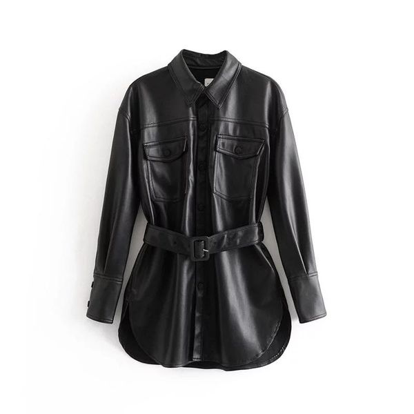 women's leather & faux autumn solid long pu jacket women 2021 biker turn down collar slim with sashes pockets streetwear casual outwear, Black
women's leather & faux autumn solid long pu jacket women 2021 biker turn down collar slim with sashes pockets streetwear casual outwear, Black