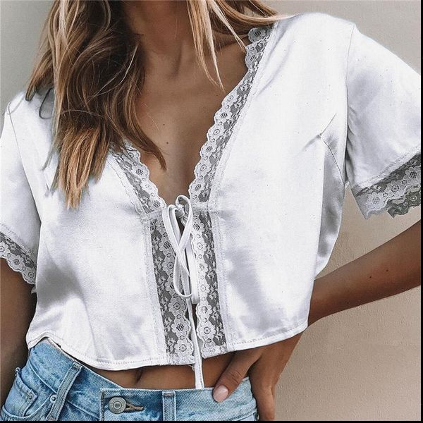 vomgue lace silk satin womens shirt crop short sleeve up v neck casual blouses summer, White
vomgue lace silk satin womens shirt crop short sleeve up v neck casual blouses summer, White