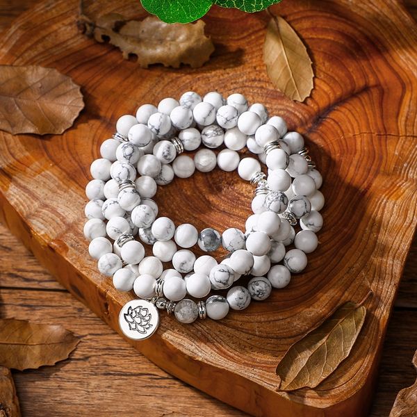 108 mala beads bracelet for women howlite natural stone with lotus om buddha charm yoga jewelry, Black
108 mala beads bracelet for women howlite natural stone with lotus om buddha charm yoga jewelry, Black