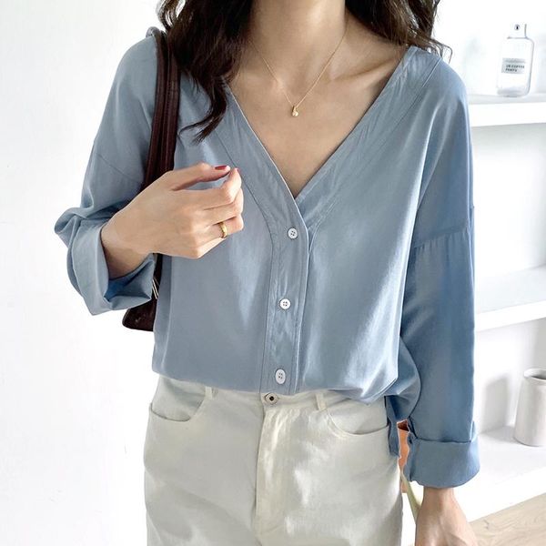 women's blouses & shirts 2021 autumn solid blue blouse women v-neck full sleeve casual streetwear ladies elegant korean style ins, White
women's blouses & shirts 2021 autumn solid blue blouse women v-neck full sleeve casual streetwear ladies elegant korean style ins, White