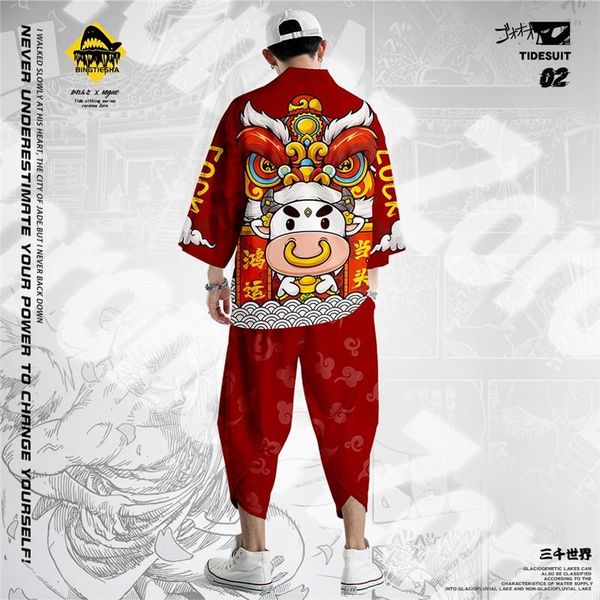 cartoon bull lion printed japanese style beach samurai kimono pants suit streetwear men women cardigan japan harajuku clothes ethnic clothin, Red
cartoon bull lion printed japanese style beach samurai kimono pants suit streetwear men women cardigan japan harajuku clothes ethnic clothin, Red