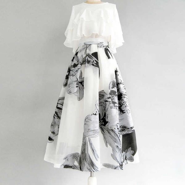plus size elegant retro white ruffled chiffon blouse short seeve loose big swing ink painting skirts matching sets fashion 210610
plus size elegant retro white ruffled chiffon blouse short seeve loose big swing ink painting skirts matching sets fashion 210610